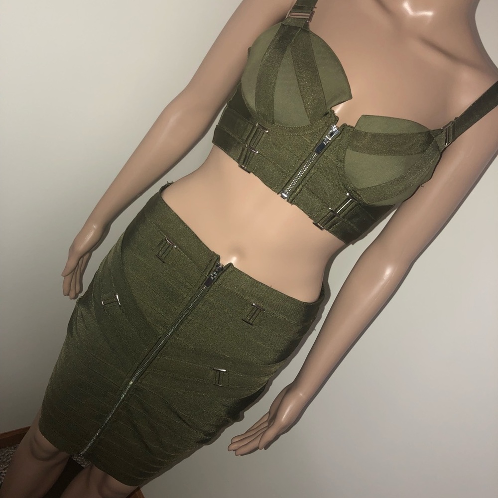 Olive Green Belted Skirt Set